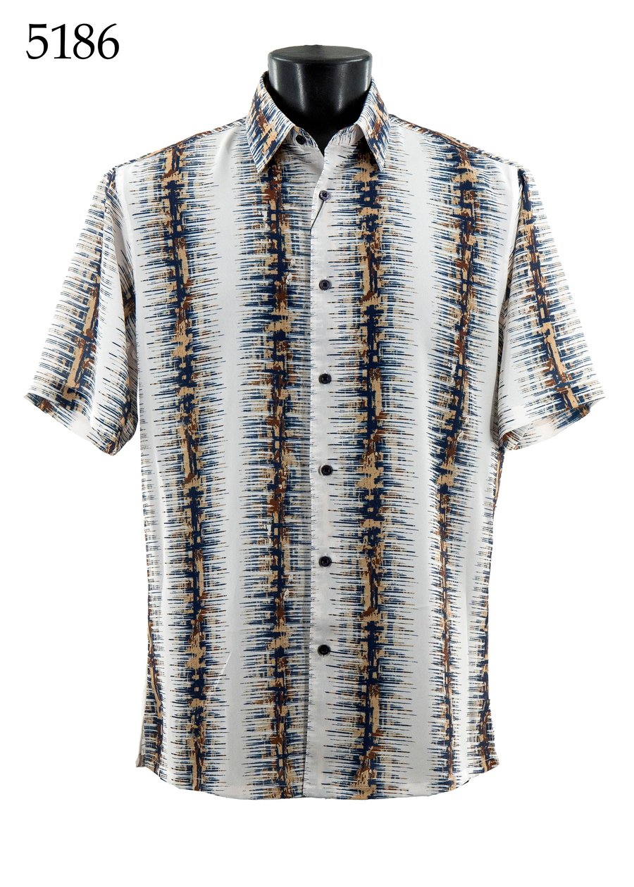 The Bassiri Short Sleeve Shirt 5186 by Bassiri features a regular fit and vertical abstract pattern in blue, brown, and beige on white. Displayed on a black mannequin with "5186" in the top left corner.