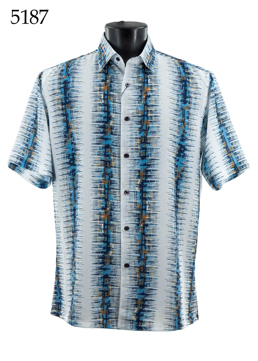 The Bassiri Short Sleeve Shirt 5187 by Bassiri is a regular fit, short-sleeve button-up featuring a blue, black, and white abstract stripe pattern displayed on a mannequin torso.
