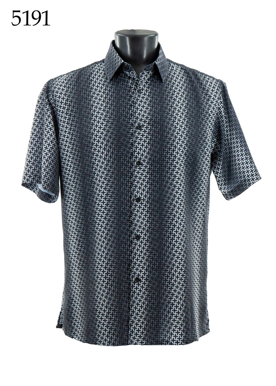 The Bassiri Short Sleeve Shirt 5191 by Bassiri features a regular fit, button-up style, and black-and-white geometric pattern, shown on a mannequin torso with "5191" in the top left corner.