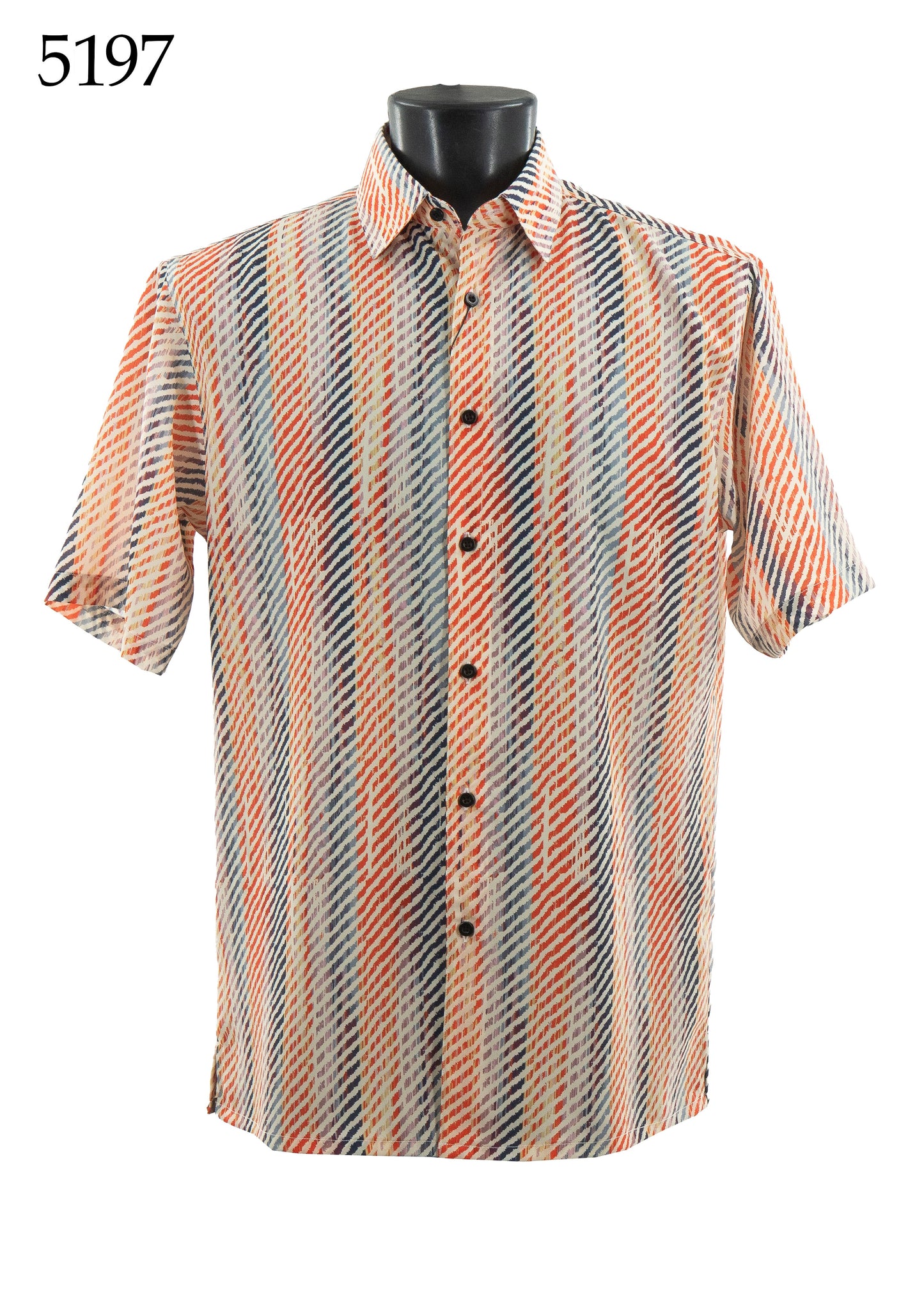 The Bassiri Short Sleeve Shirt 5197 features a regular fit with diagonal orange, black, and white stripes. Displayed on a black mannequin torso, "5197" appears in the top left corner. Brand: Bassiri.