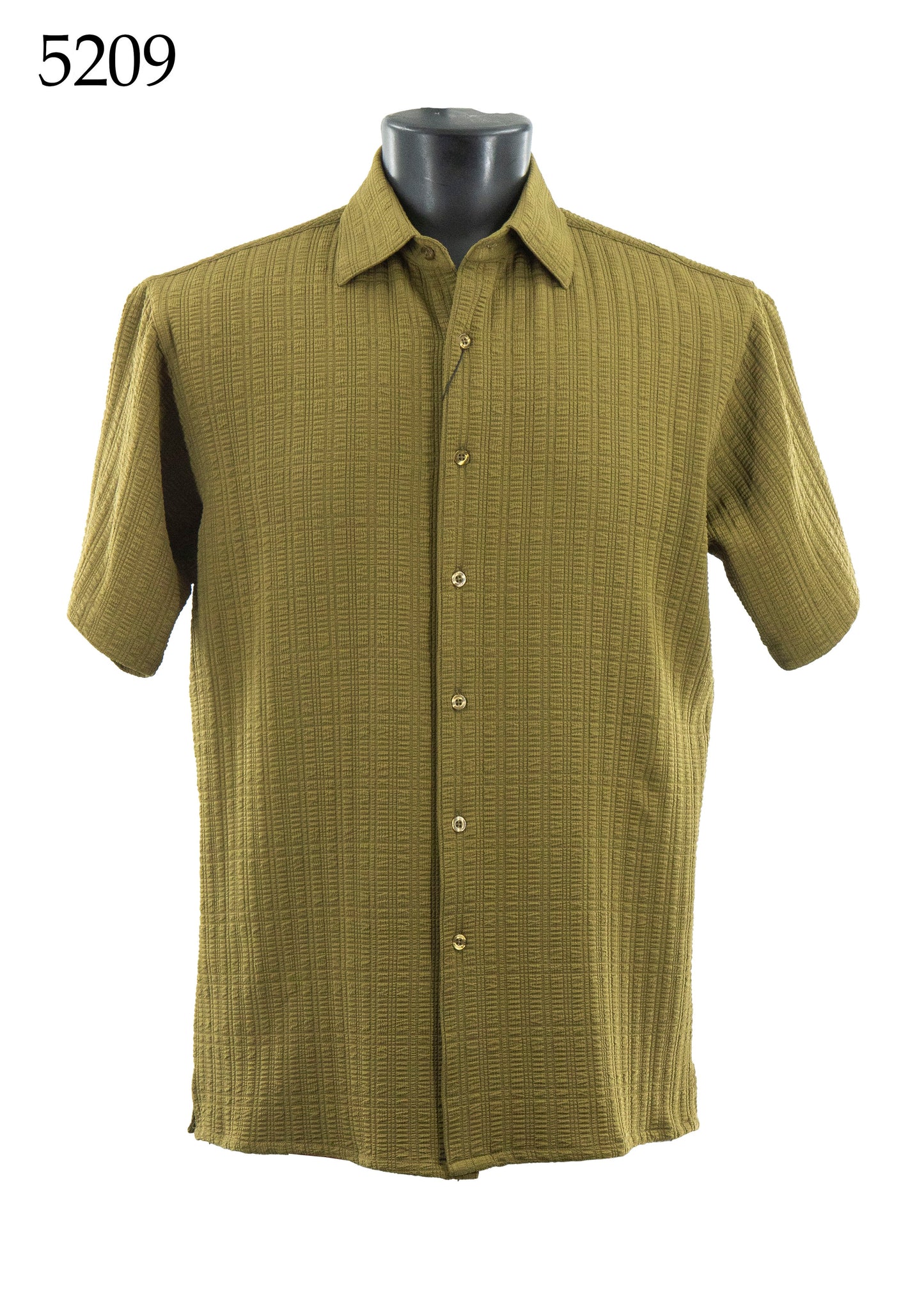 The Bassiri Short Sleeve Shirt 5209 by Bassiri features a textured olive green fabric, Regular Fit, short sleeves, and button-up design. Displayed on a mannequin torso with the number 5209 shown in the top left corner.