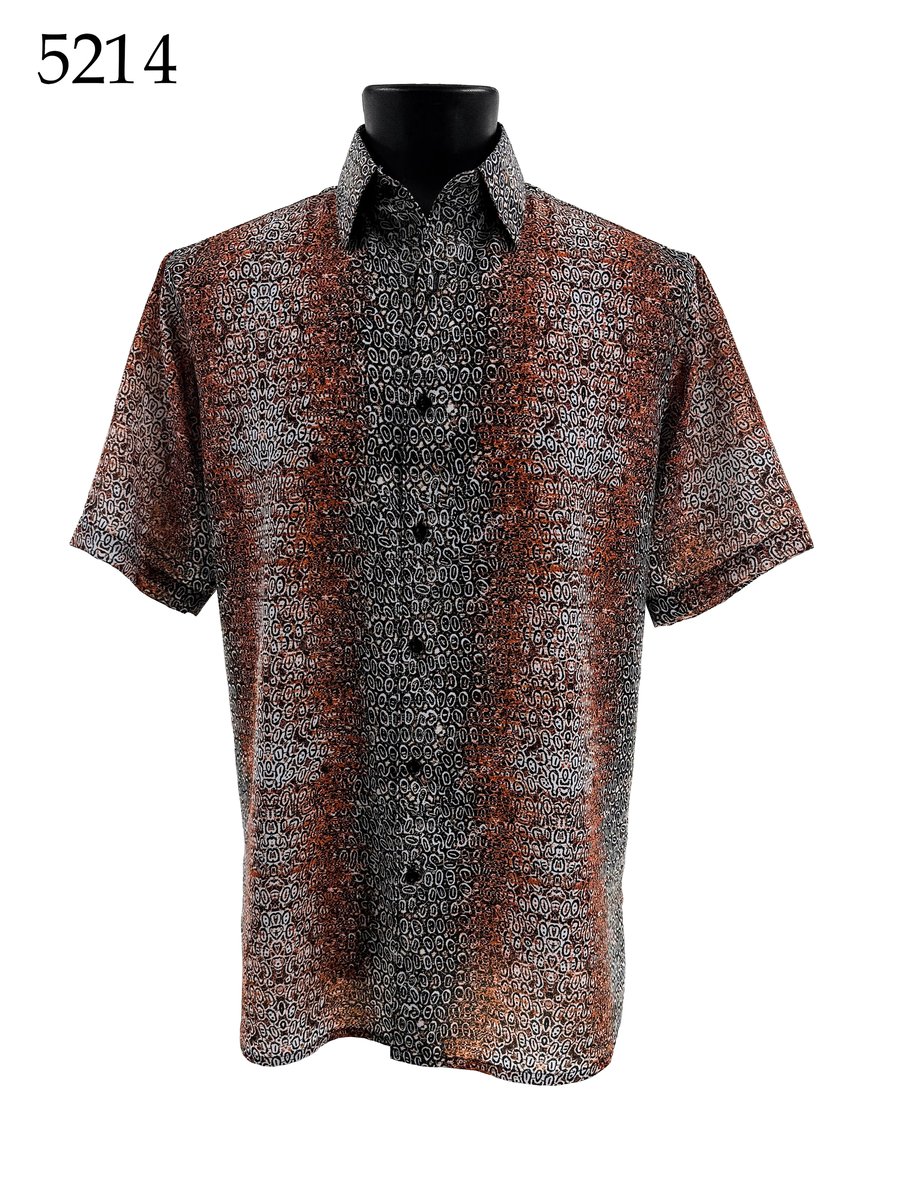 The Bassiri Short Sleeve Shirt 5214 by Bassiri features a black, brown, and white abstract pattern in a regular fit, short-sleeve button-up style, displayed on a black mannequin torso with "5214" shown in the top left corner.