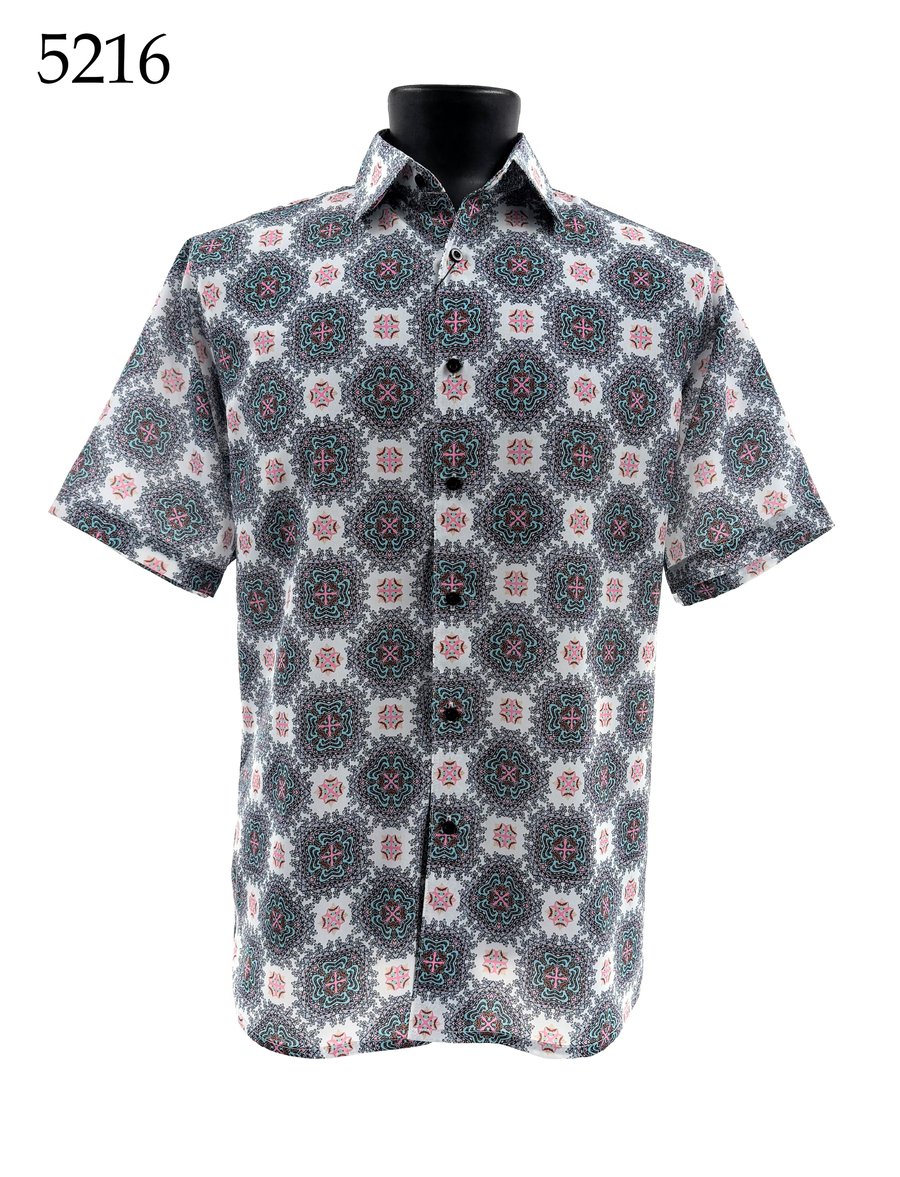 The Bassiri Short Sleeve Shirt 5216 by Bassiri, in a Regular Fit with a geometric and floral pattern in dark and light tones, is displayed on a black mannequin torso. The number 5216 is shown at the top left.
