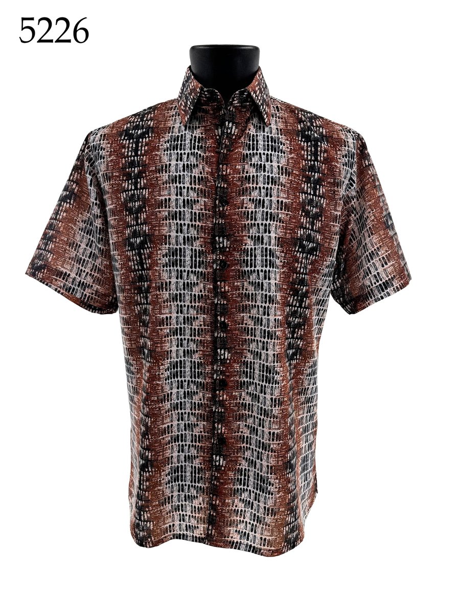 The Bassiri Short Sleeve Shirt 5226 by Bassiri features a regular fit, button-up style, and an abstract brown, black, and white pattern. Displayed on a black mannequin torso with "5226" shown in the top left corner.