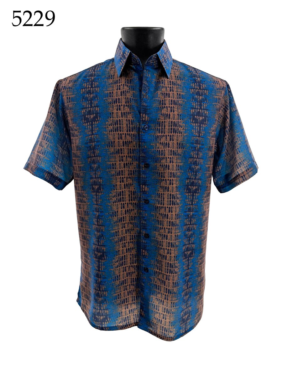 Bassiri Short Sleeve Shirt 5229 by Bassiri, featuring a blue and brown geometric pattern, displayed on a black mannequin torso. The number 5229 appears in the top left corner.