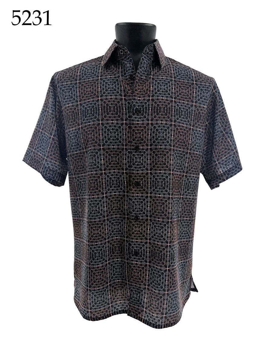 Bassiri Short Sleeve Shirt 5231 by Bassiri features a regular fit, short sleeves, and a black, brown, and white geometric square pattern. Displayed on a mannequin with number 5231 shown in the top left corner.