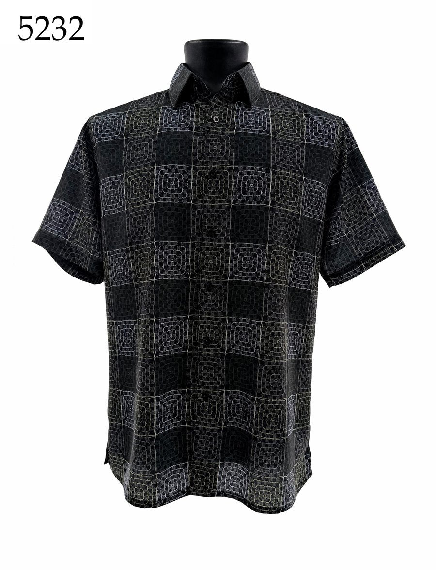 The Bassiri Short Sleeve Shirt 5232 by Bassiri features a regular fit and geometric black and gray square pattern, shown on a mannequin. The number 5232 is displayed in the top left corner.