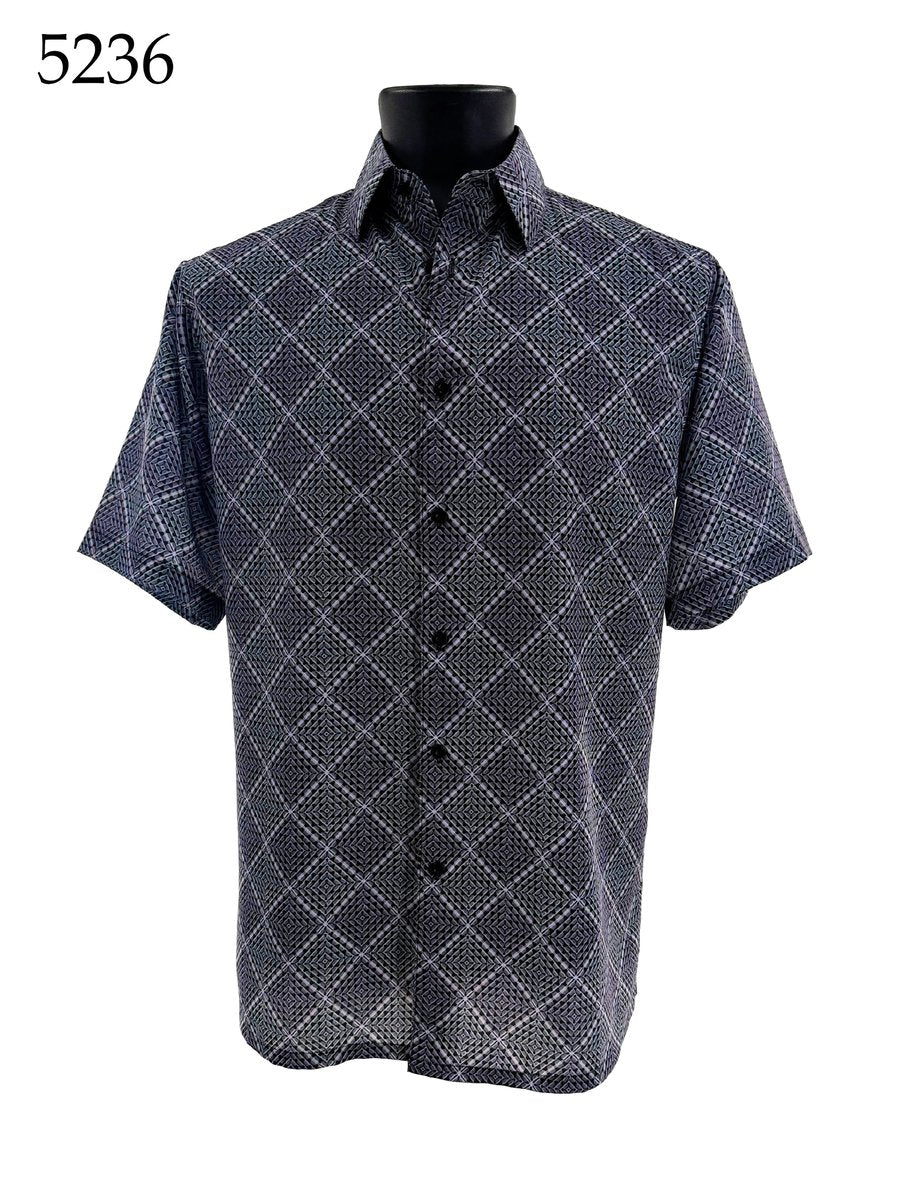 The Bassiri Short Sleeve Shirt 5236, a regular-fit, black and white diamond pattern button-up from Bassiri, is displayed on a mannequin with the number 5236 in the top left corner.