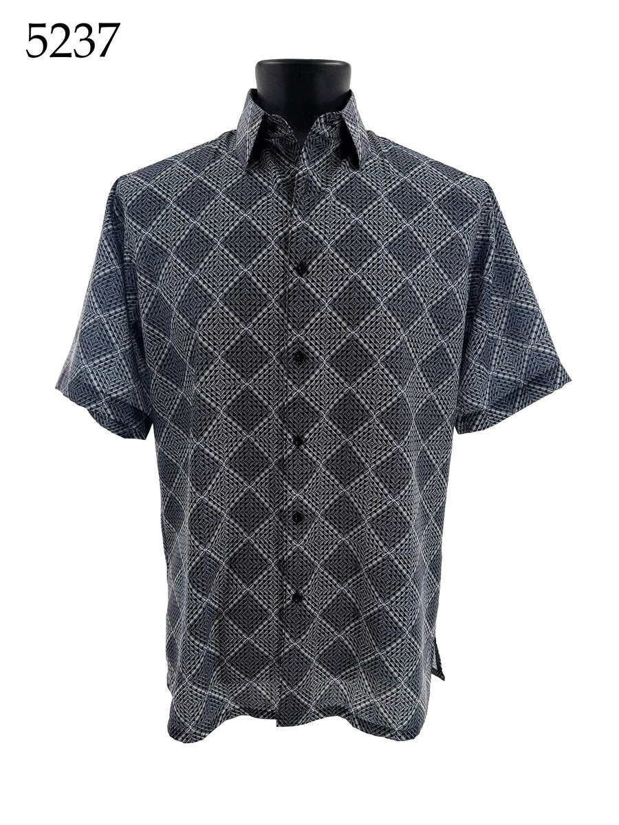 The Bassiri Short Sleeve Shirt 5237 by Bassiri, in a Regular Fit with a black and white geometric diamond pattern, is shown on a black mannequin. The number 5237 is displayed in the top left corner.