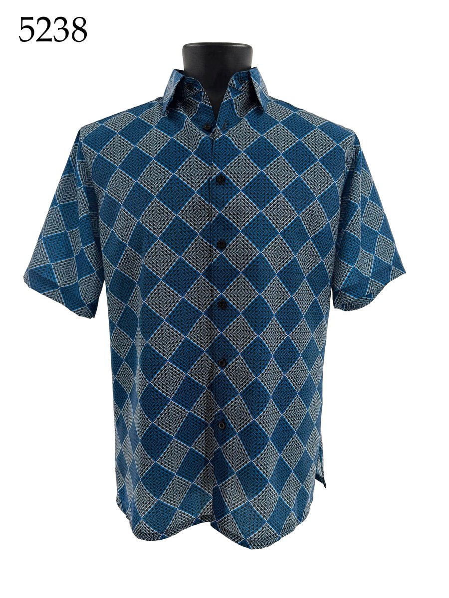 The Bassiri Short Sleeve Shirt 5238 by Bassiri, featuring a blue and white checkered diamond pattern and regular fit, is displayed on a mannequin with the number 5238 in the top left corner.