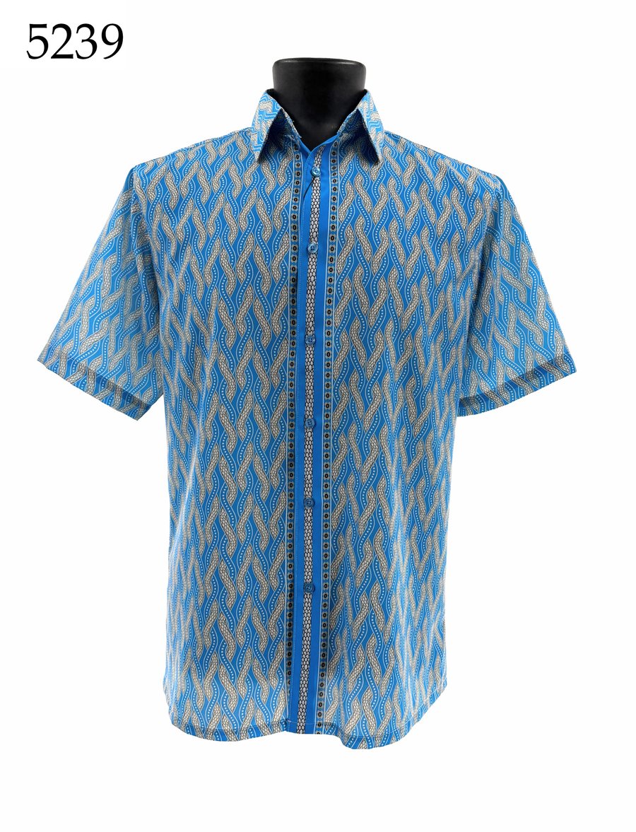 Bassiri Short Sleeve Shirt 5239 by Bassiri, featuring a regular fit and blue, beige, and white geometric pattern, shown on a black mannequin. Number 5239 appears in the top left corner.