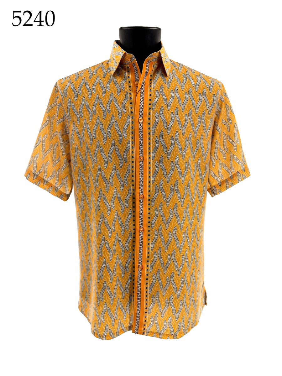 The Bassiri Short Sleeve Shirt 5240 by Bassiri features a yellow and blue geometric pattern in a regular fit, shown on a black mannequin. The number 5240 is displayed in the top left corner.