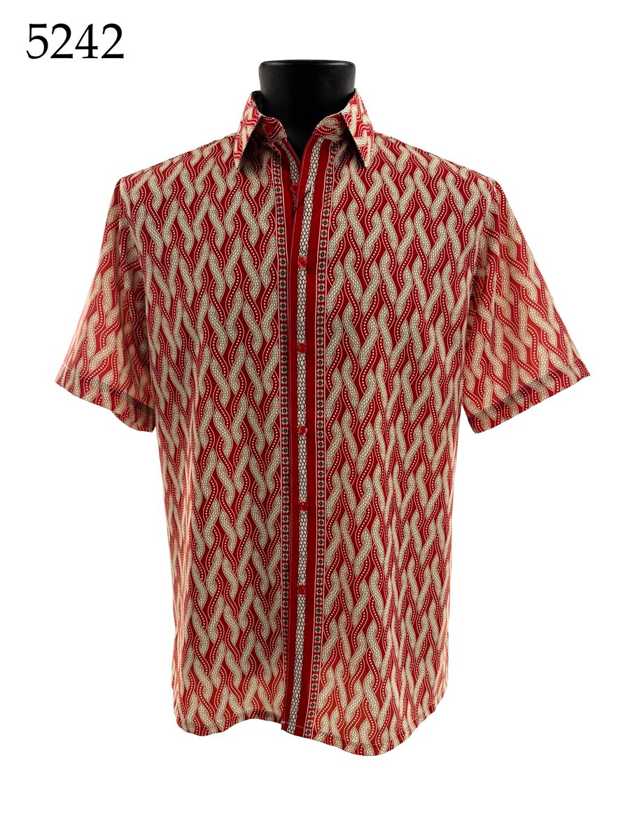 Bassiri Short Sleeve Shirt 5242 by Bassiri features a red and beige geometric pattern, regular fit, short sleeves, and button-up front. Displayed on a black mannequin with "5242" in the top left corner.