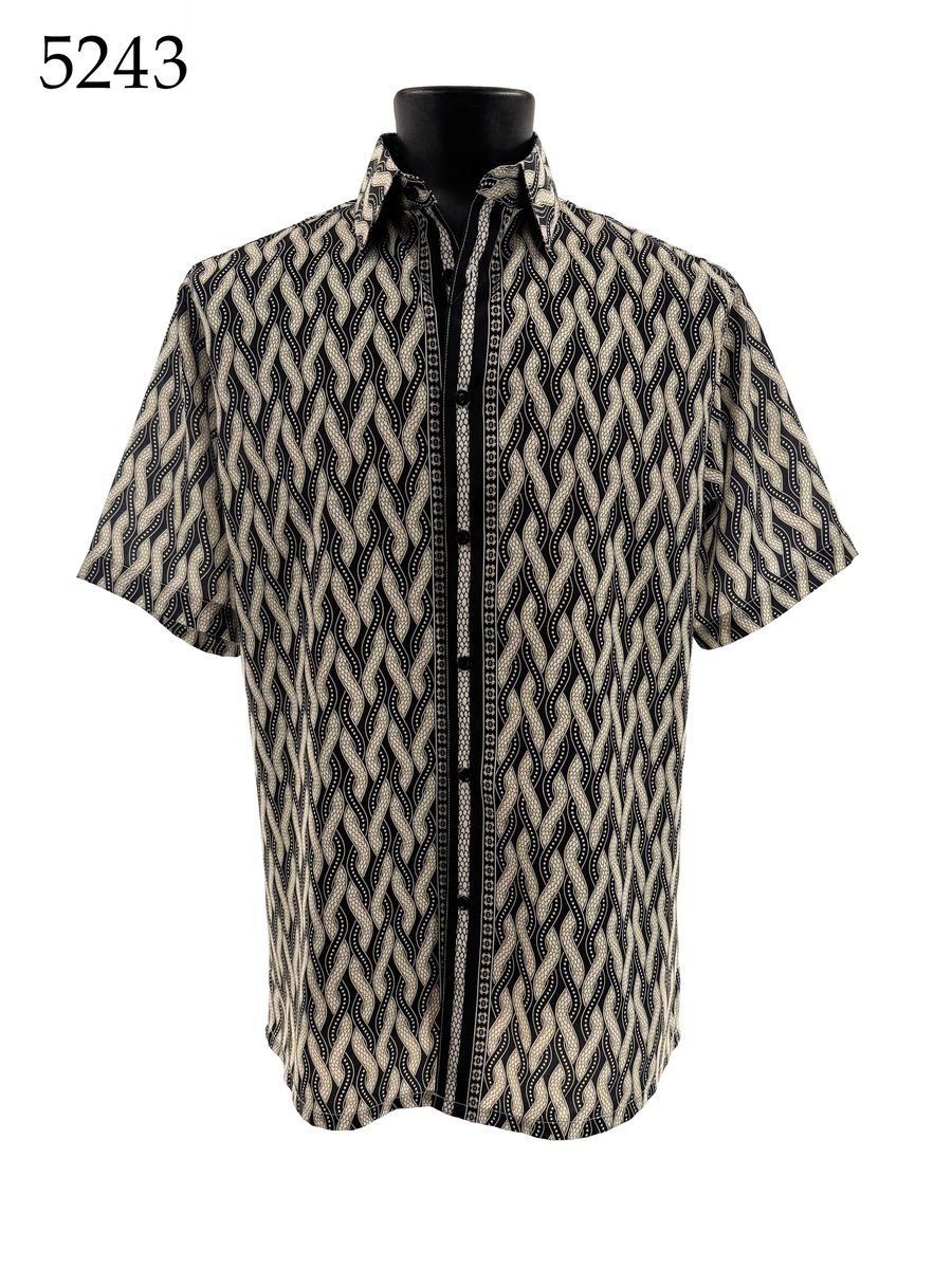The Bassiri Short Sleeve Shirt 5243, a regular fit button-up with a black and beige geometric woven pattern, is shown on a black mannequin. "5243" appears in the top left corner.