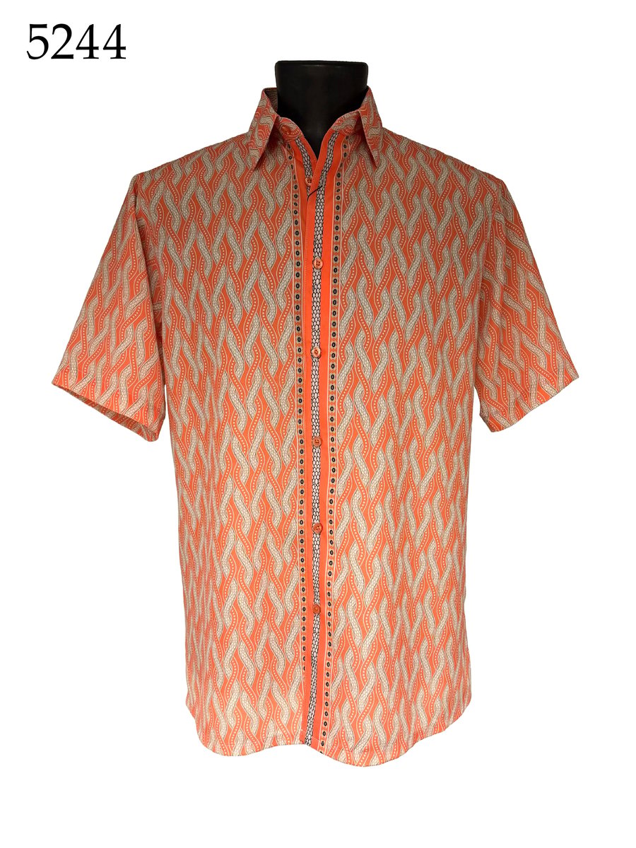 The Bassiri Short Sleeve Shirt 5244 features a regular fit and orange and white geometric pattern, shown on a black mannequin torso. "5244" is displayed in the top left corner. Brand: Bassiri.