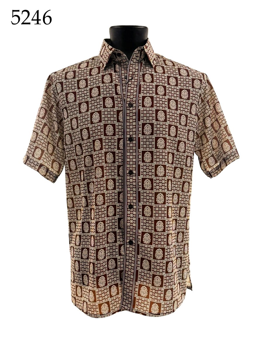 The Bassiri Short Sleeve Shirt 5246 by Bassiri features a brown and beige geometric and lion head pattern. Displayed on a black mannequin, the style number 5246 is shown in the top left corner.