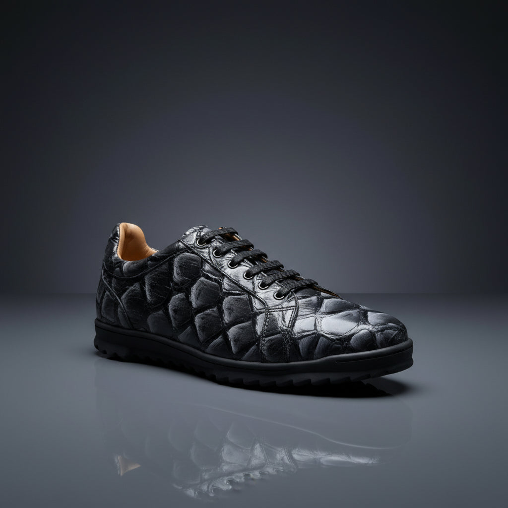 A BELVEDERE Belvedere Shoe 7 in black, featuring a textured, reptile-like pattern, is displayed on a wooden surface. Please note: this item is FINAL SALE (Size 8.5 only)—no exchange or return.