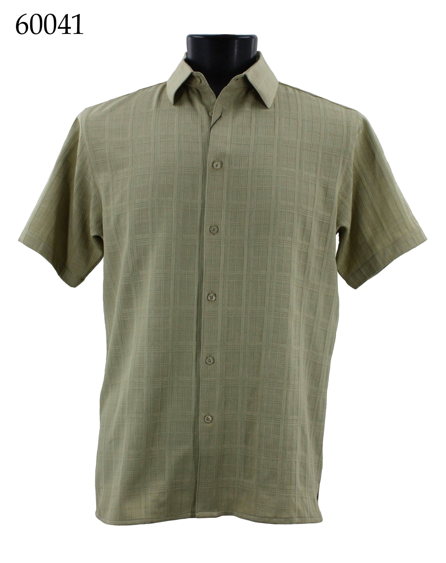 Displayed on a mannequin torso is the Bassiri Short Sleeve Shirt, item 60041, featuring an olive green hue with a subtle checkered pattern.