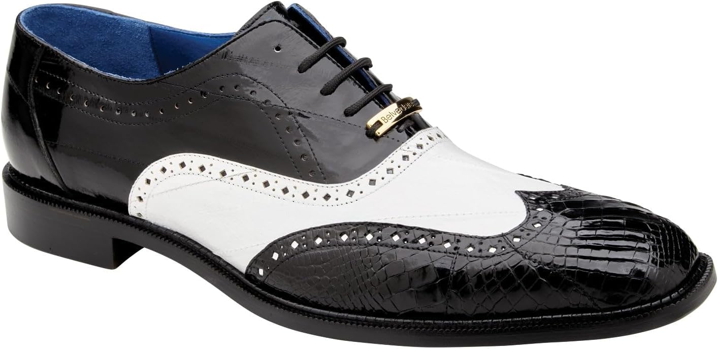 The Belvedere - R49 Black and White (IN STORE) by BELVEDERE is a black and white wingtip dress shoe with laces, highlighted by textured patterns on the toe and heel areas.