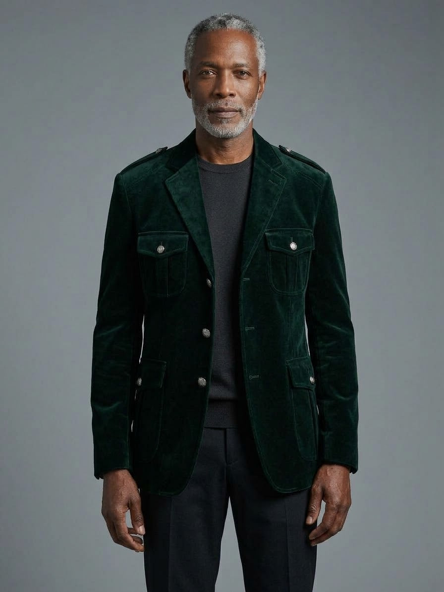 A man wearing an Inserch Velvet Military Blazer BL569 Hunter Green in size Medium, styled with a dark grey sweater under the hunter green velvet military blazer with silver shank buttons and epaulets.