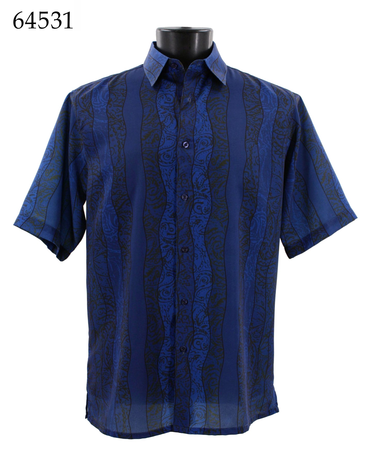 The Bassiri Short Sleeve Shirt 64531 by Bassiri, showcasing vertical blue and black patterned stripes, is elegantly displayed on a mannequin.