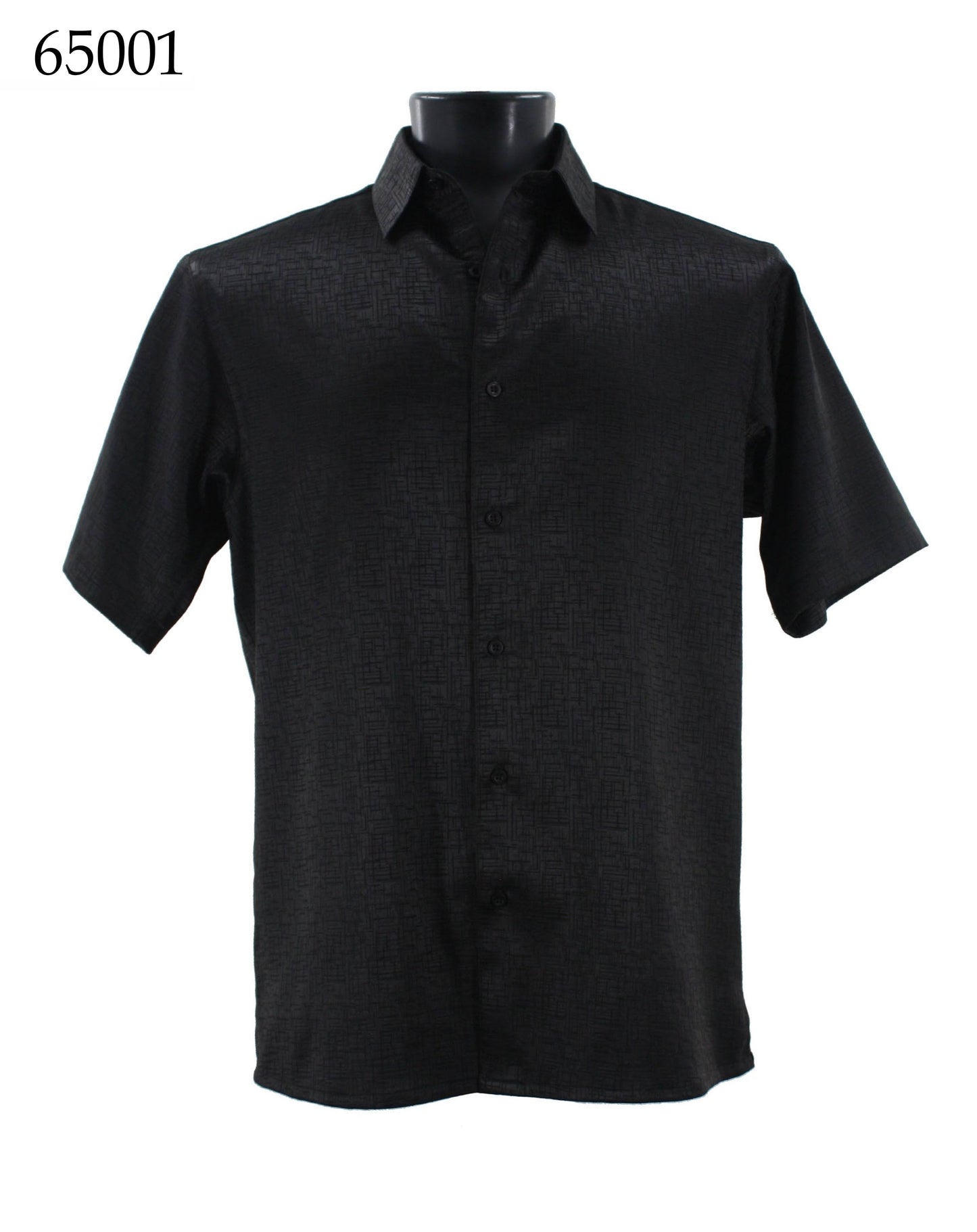 A Bassiri Short Sleeve Shirt 65001 in black, featuring a regular fit and short sleeves, is displayed on a mannequin.