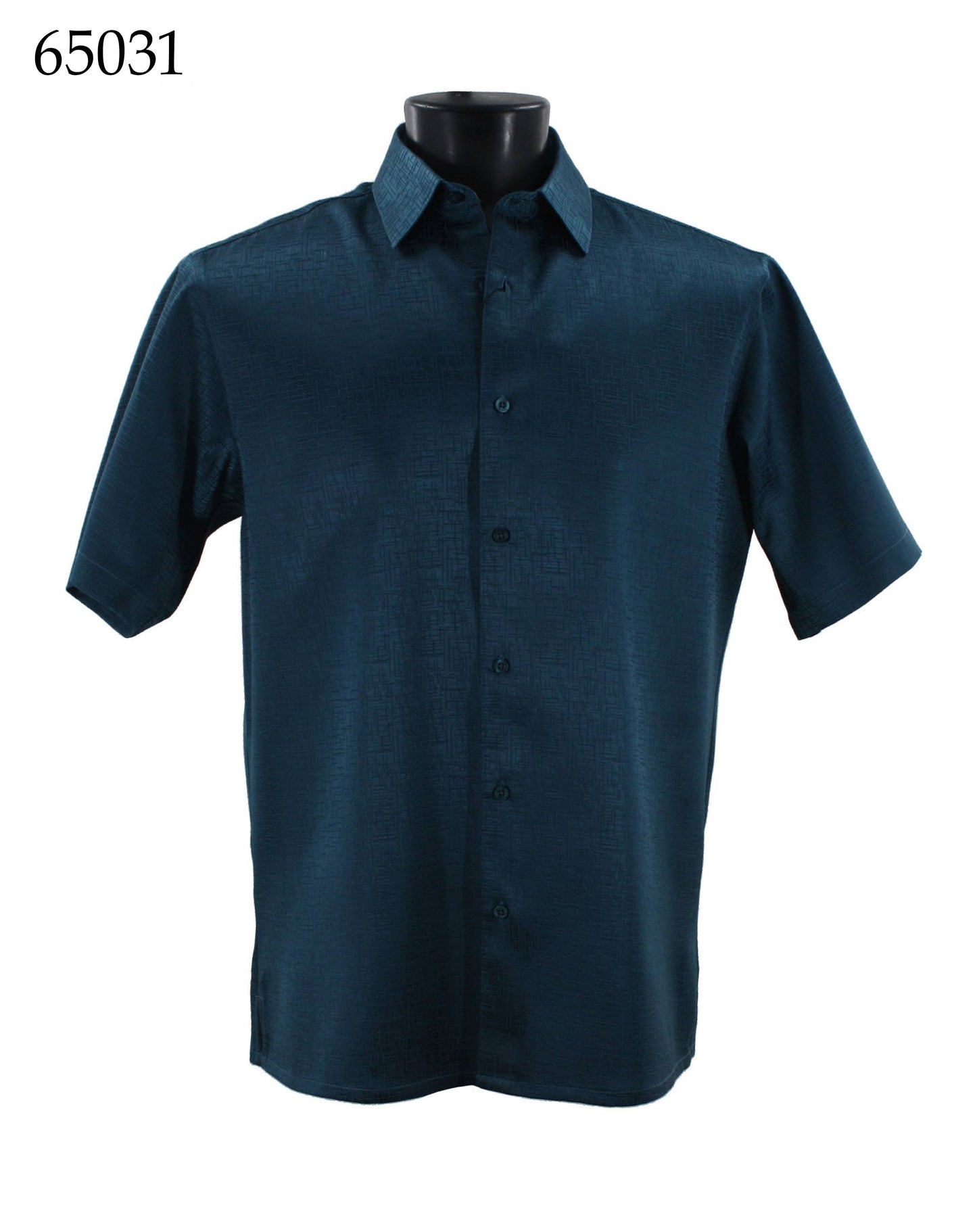 The Bassiri Short Sleeve Shirt 65031, offered by the Bassiri brand in a regular fit and featuring a dark blue short-sleeve button-up design, is displayed on a mannequin.