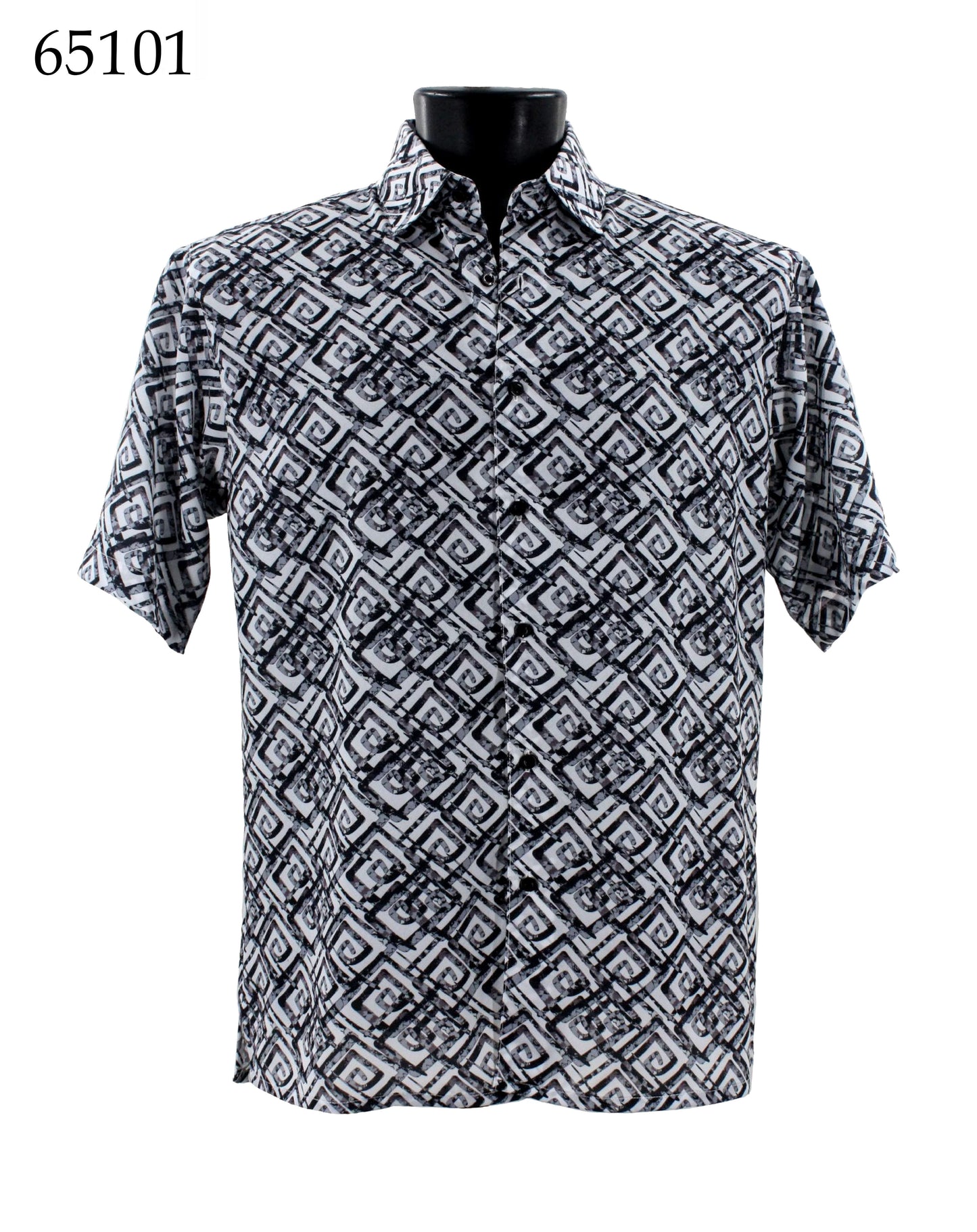 The Bassiri Short Sleeve Shirt 65101, featuring a regular fit and a black and white geometric pattern, is displayed on a black mannequin torso.