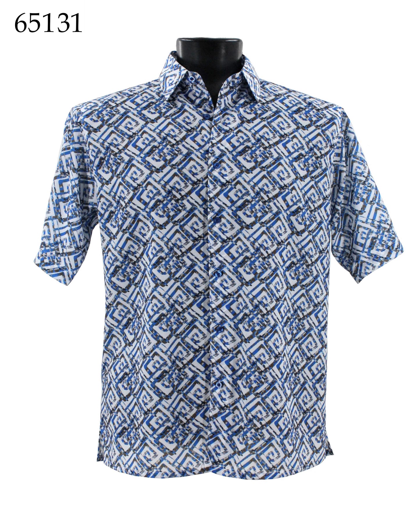 Displayed on a black mannequin torso, the Bassiri Short Sleeve Shirt 65131 features a regular fit with a blue and white pattern.
