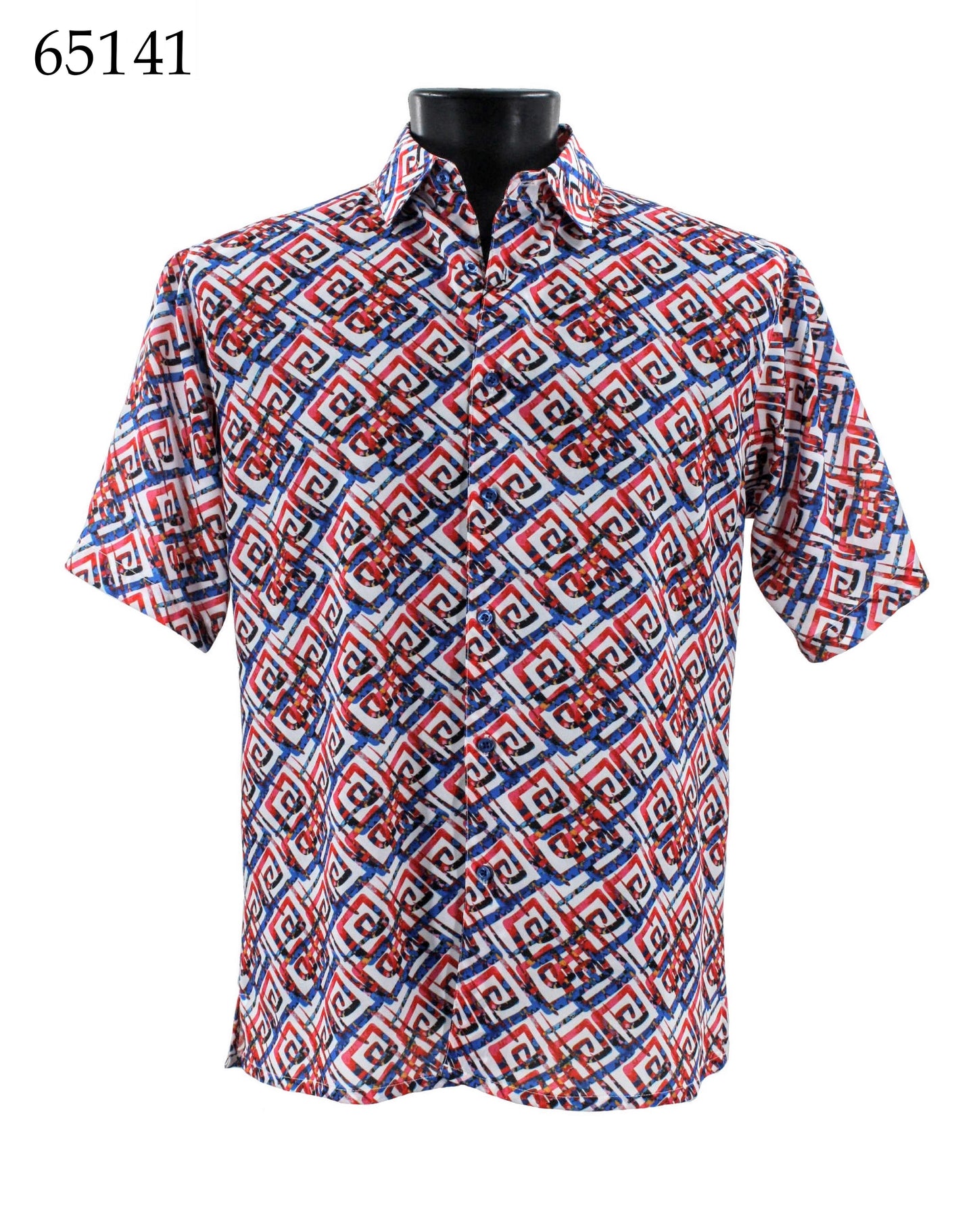 Displayed on a black mannequin is the Bassiri Short Sleeve Shirt 65141 by Bassiri, featuring a Regular Fit with a geometric red, white, and blue pattern. This stylish piece of apparel is perfect for any occasion.
