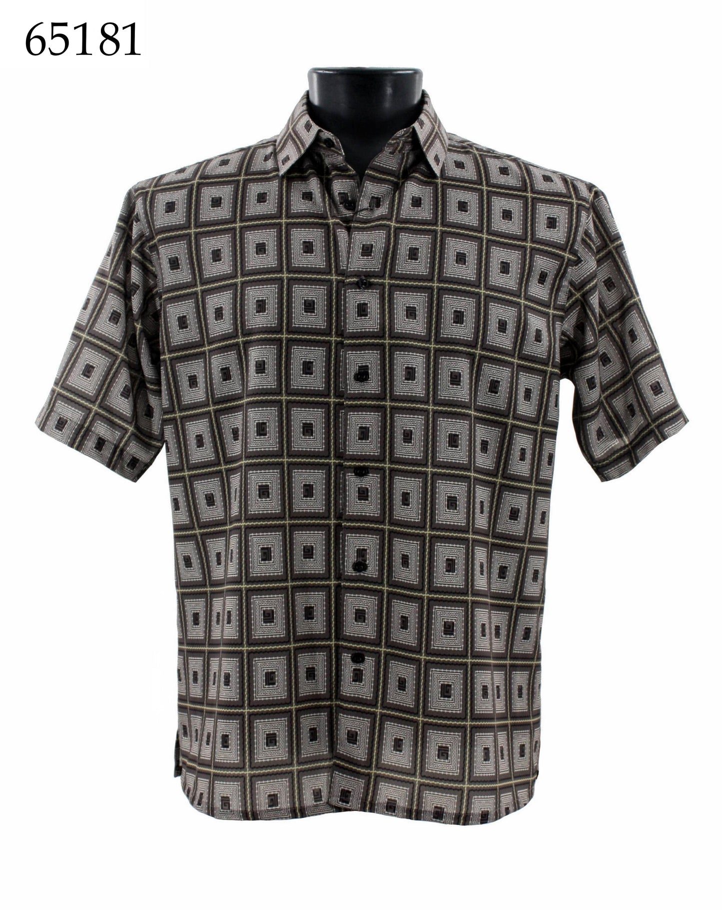 The Bassiri Short Sleeve Shirt 65181 by Bassiri is a regular-fit button-up shirt with short sleeves, showcasing a geometric square pattern in black, gray, and white. It is displayed on a mannequin torso.