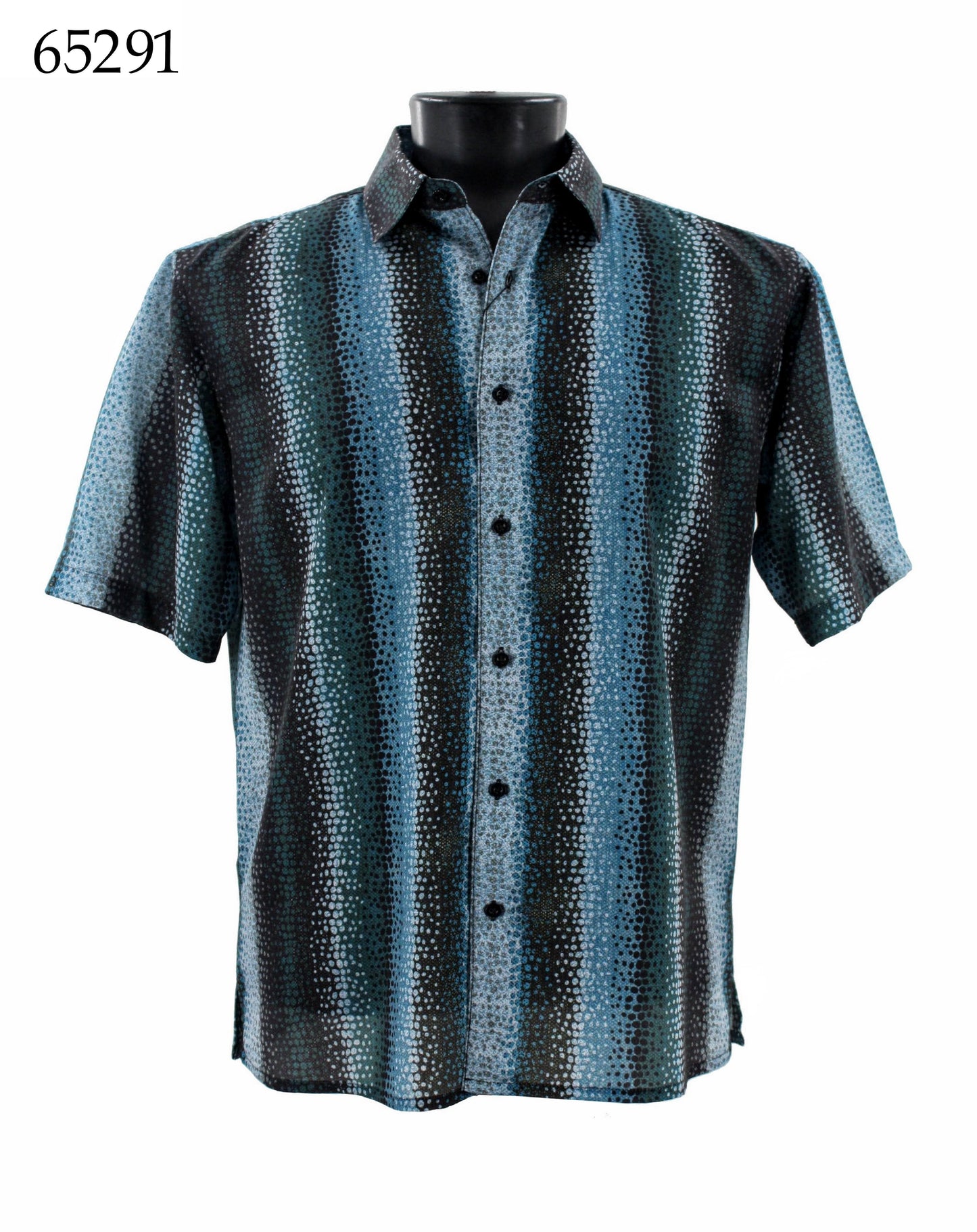The Bassiri Short Sleeve Shirt, identified by apparel code 65291, is modeled elegantly on a mannequin. It showcases vertical dotted stripes in black, blue, and white, offering a distinctive look for this regular-fit short-sleeve button-up shirt.