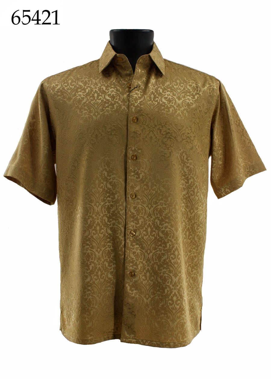 The Bassiri Short Sleeve Shirt 65421 by Bassiri is a gold regular-fit button-up with a subtle tone-on-tone damask pattern, shown on a black mannequin torso. The number 65421 appears at the top left.