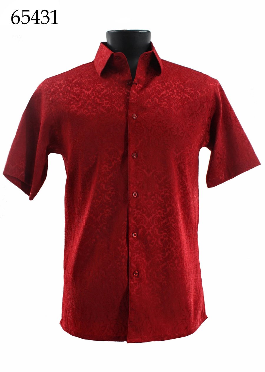 Bassiri Short Sleeve Shirt 65431 by Bassiri, featuring a red tone-on-tone textured pattern and short sleeves, is displayed on a mannequin with the number 65431 in the top left corner.