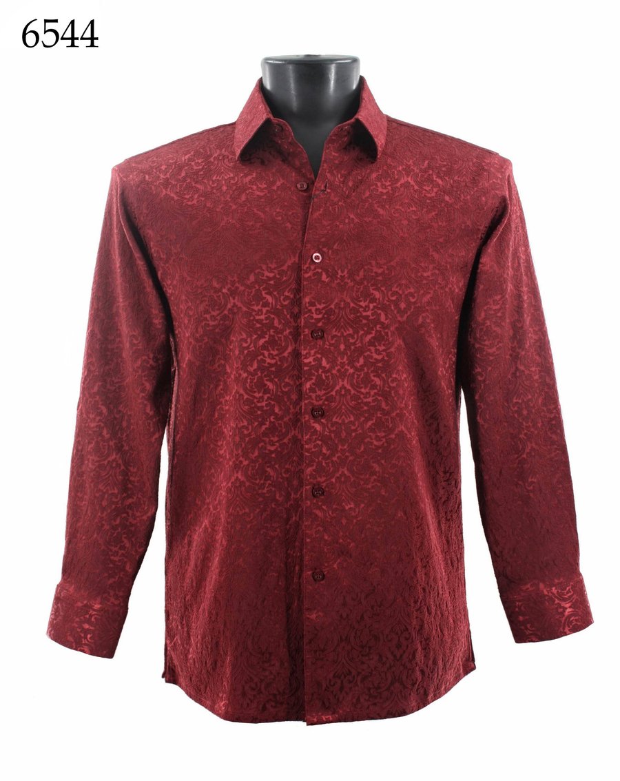 The Bassiri Long Sleeve Shirt 6544 by Bassiri is a regular fit, button-up red shirt featuring a subtle tone-on-tone floral textured pattern, displayed on a black mannequin torso. "6544" appears in the top left corner.