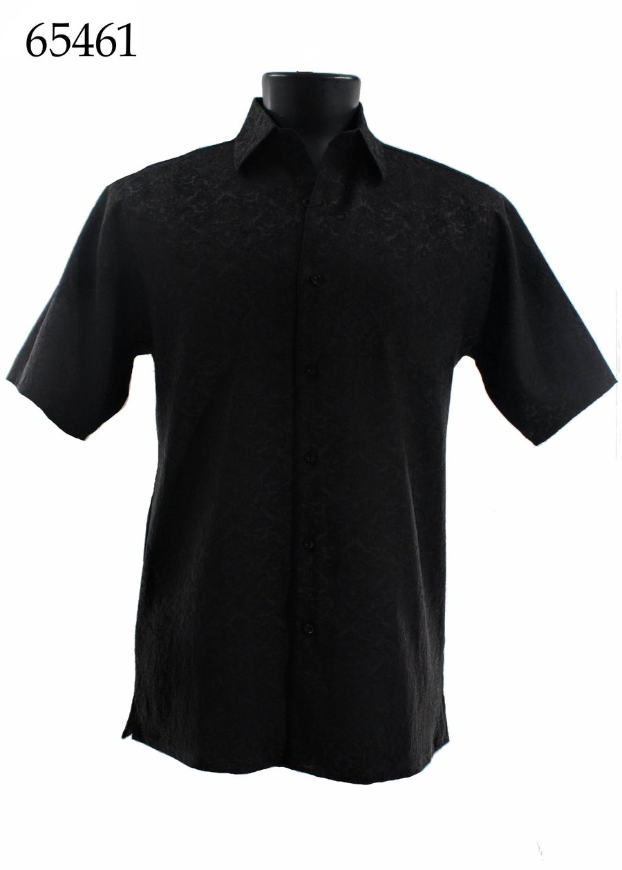 The Bassiri Short Sleeve Shirt 65461 by Bassiri is a regular-fit black button-up with a subtle tone-on-tone floral pattern, shown on a mannequin.