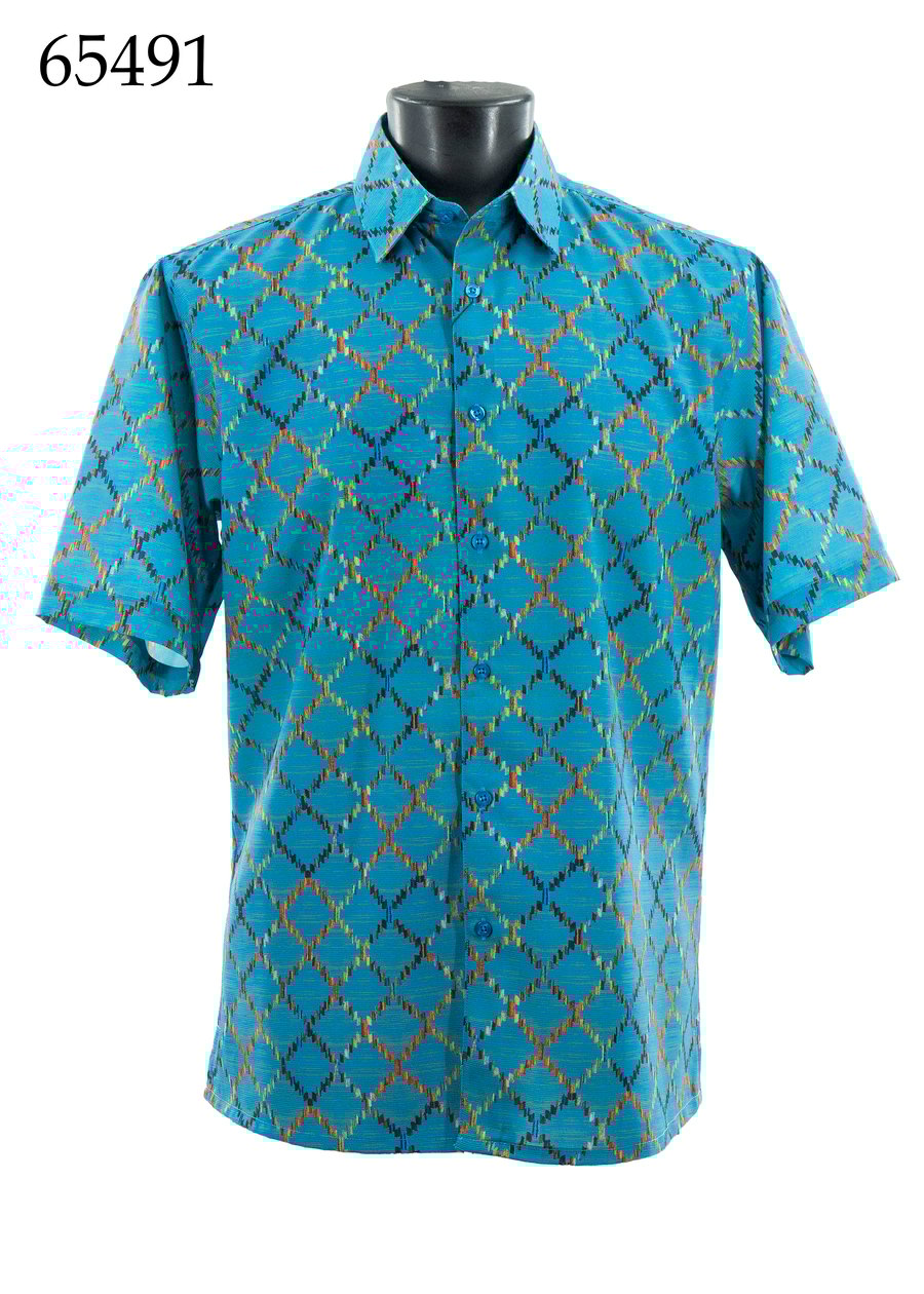 The Bassiri Short Sleeve Shirt 65491, a regular fit with blue geometric pattern, is displayed on a mannequin torso. The number 65491 is shown in the top left corner.