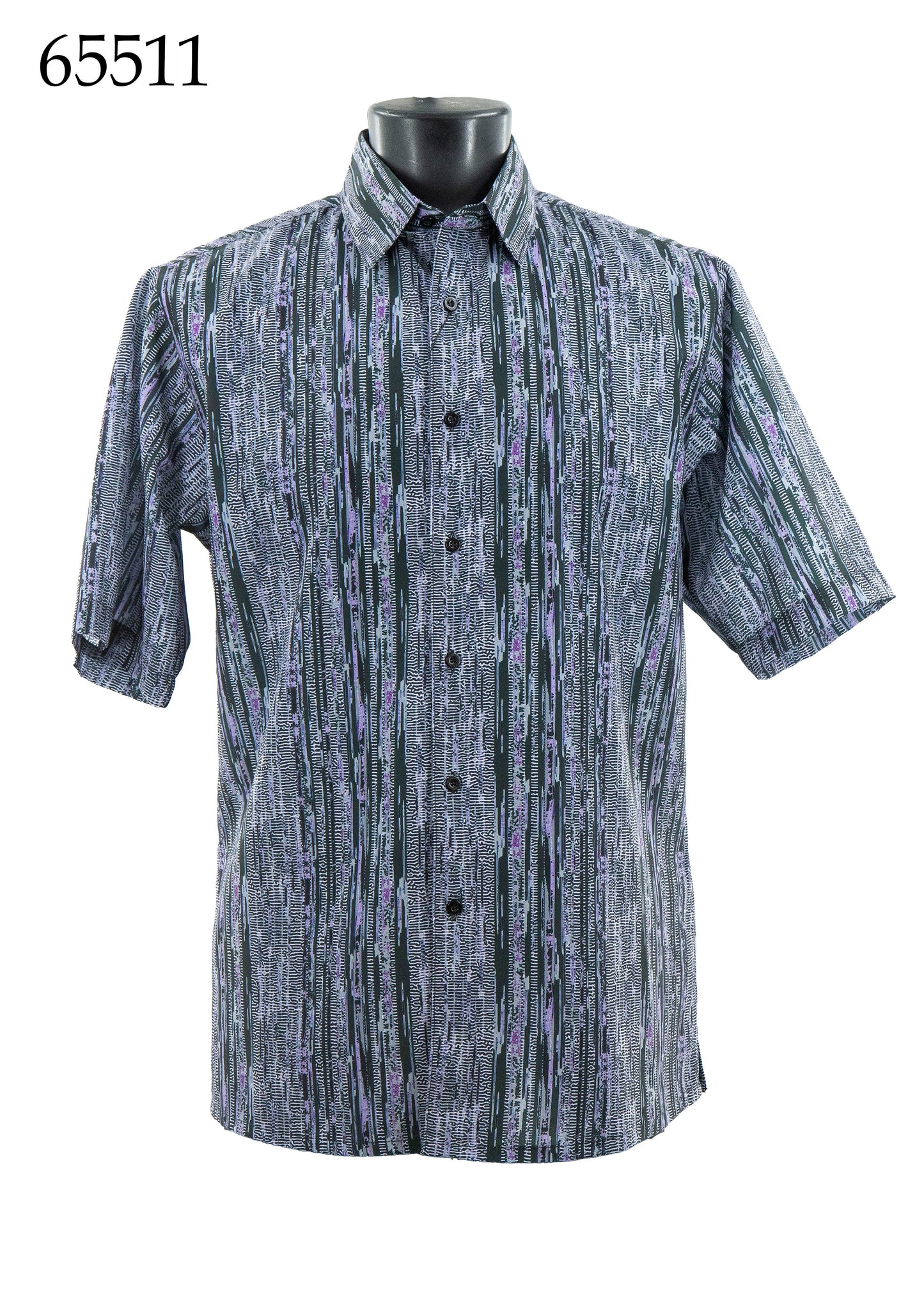 Bassiri Short Sleeve Shirt 65511 by Bassiri is a regular fit button-up with short sleeves and a vertical black, gray, and purple pattern, displayed on a mannequin. The number 65511 appears in the top left corner.