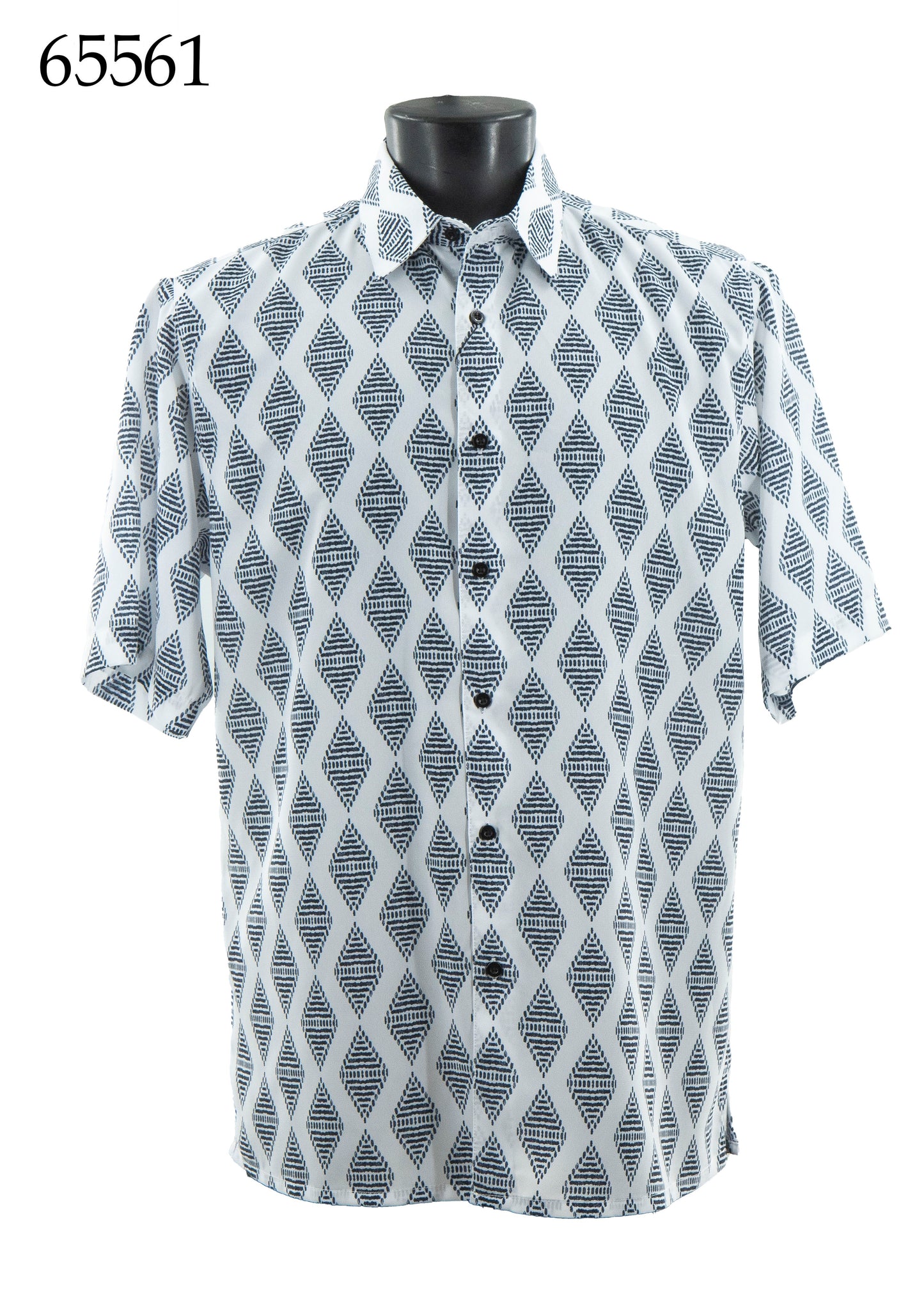The Bassiri Short Sleeve Shirt 65561 by Bassiri features a regular fit and a geometric black and white diamond pattern, displayed on a mannequin. The number 65561 appears in the top left corner.