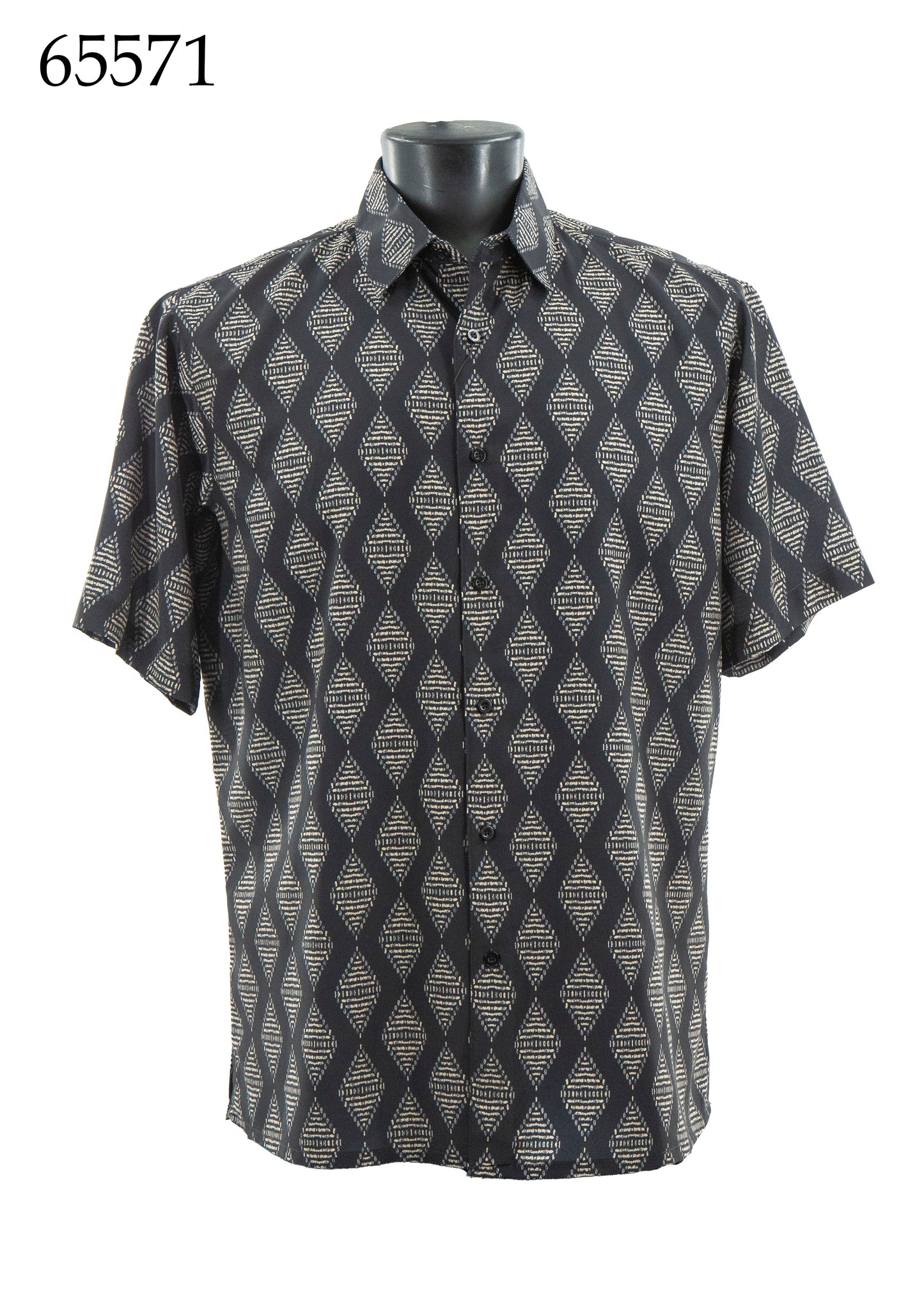 The Bassiri Short Sleeve Shirt 65571 by Bassiri features a regular fit, button-up design with a black and beige geometric diamond pattern, shown on a mannequin. The number 65571 is displayed in the top left corner.