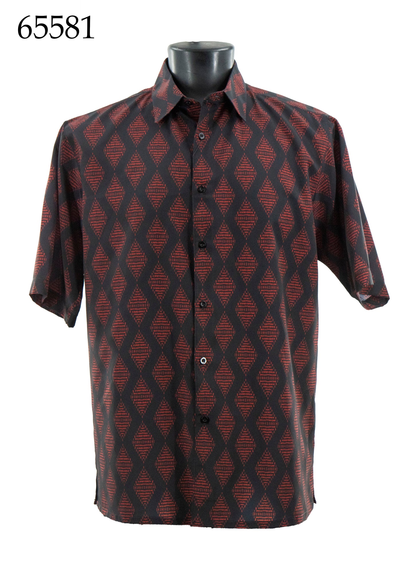 The Bassiri Short Sleeve Shirt 65581 by Bassiri features a regular fit and a black and red diamond pattern. Displayed on a mannequin, the product number 65581 is shown in the top left corner.