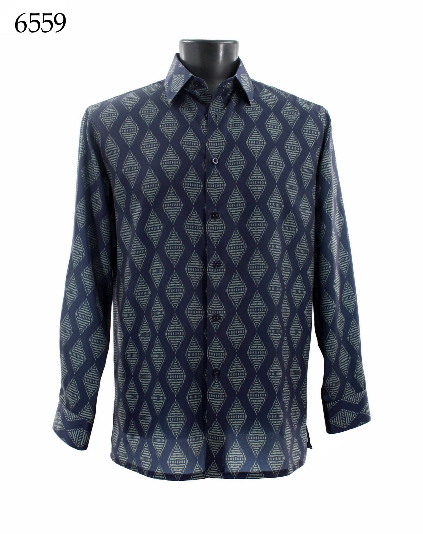 The Bassiri Long Sleeve Shirt 6559 by Bassiri is a regular fit, button-up shirt with a geometric diamond pattern in dark and light blue shades, showcased on a black mannequin torso.