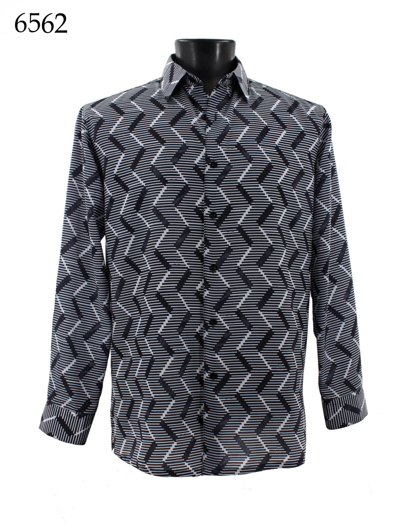 A black mannequin elegantly wears the Bassiri Long Sleeve Shirt 6562, showcasing a striking black and white zigzag pattern in a regular fit design.