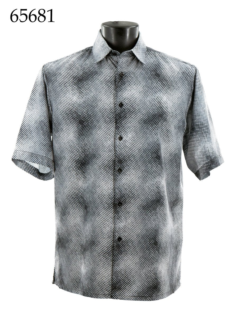 The Bassiri Short Sleeve Shirt 65681 by Bassiri, shown on a mannequin, features a regular fit and a black and white textured pattern. The number 65681 appears in the top left corner.
