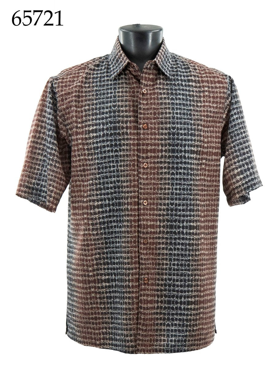 The Bassiri Short Sleeve Shirt 65721 by Bassiri is a regular-fit button-up with a brown, black, and white checkered pattern, shown on a mannequin torso. The number 65721 appears in the top left corner.
