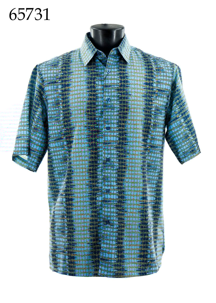 Bassiri Short Sleeve Shirt 65731 by Bassiri, shown in blue and green checks on a black mannequin. This regular fit button-up combines comfort with style. Product number 65731 appears in the top left corner.
