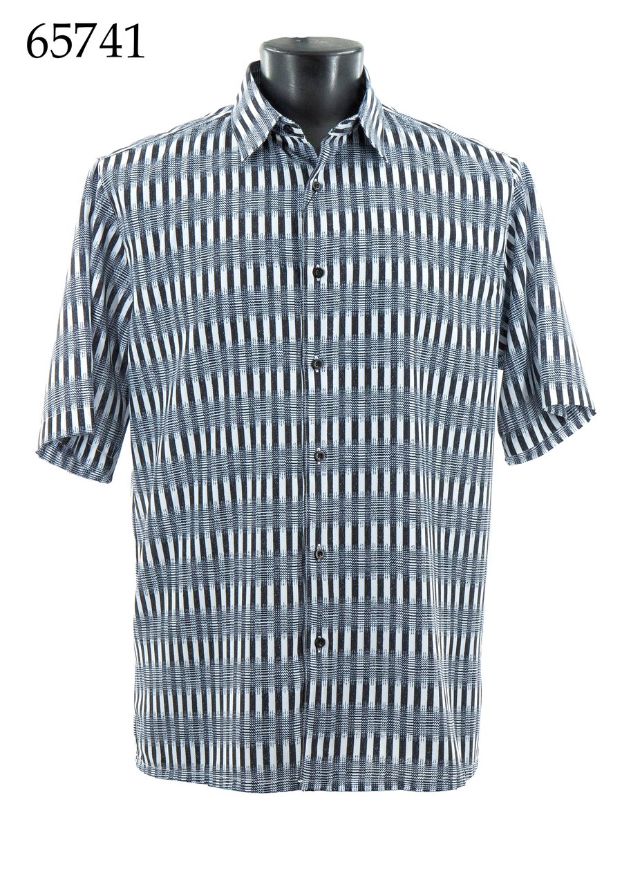 The Bassiri Short Sleeve Shirt 65741 by Bassiri features a black, white, and blue geometric pattern and is displayed on a mannequin.