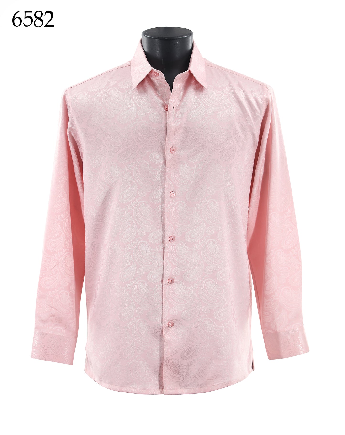 The Bassiri Long Sleeve Shirt 6582 is a light pink, regular-fit button-up with a subtle paisley pattern, shown on a black mannequin torso. The number 6582 is displayed in the top left corner. Brand: Bassiri.