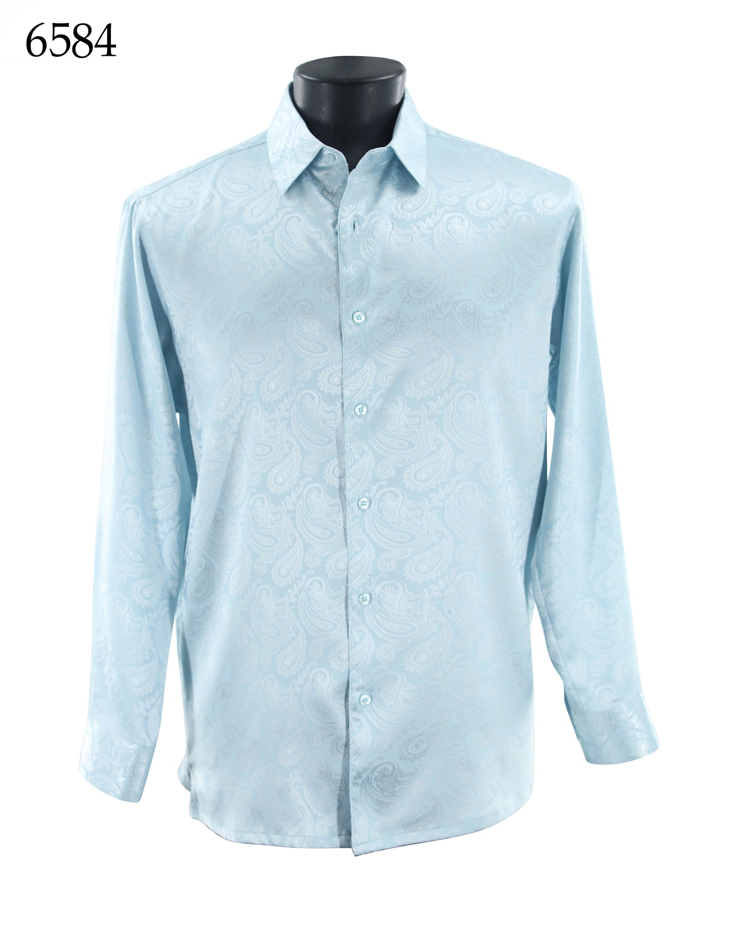The Bassiri Long Sleeve Shirt 6584, a regular-fit light blue button-up with a subtle paisley pattern, is shown on a black mannequin torso. "Bassiri" and the product number 6584 appear in the top left corner.
