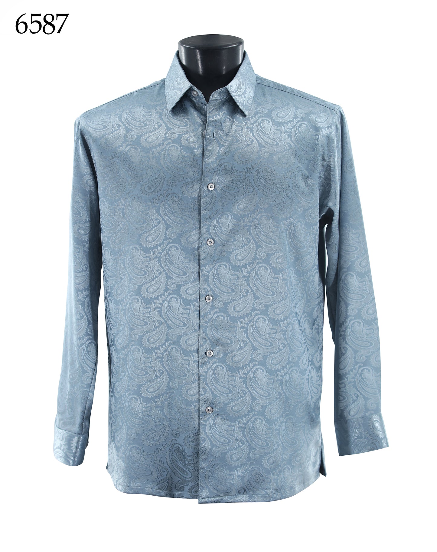 The Bassiri Long Sleeve Shirt 6587 by Bassiri, shown on a black mannequin, features a light blue tone-on-tone paisley pattern and regular fit. The number 6587 appears in the top left corner.